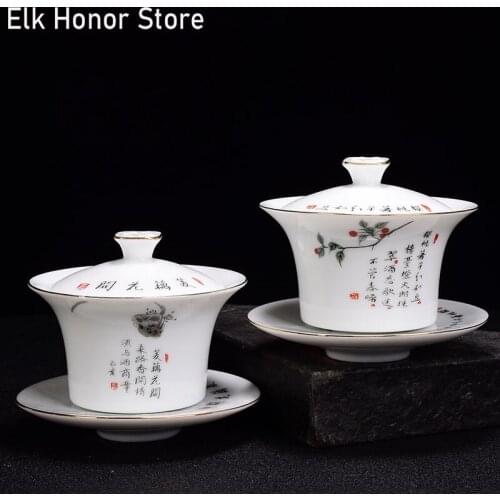 125ml Dehua White Porcelain Jade Mud Sancai Gaiwan Master Cups Handmade Tea Tureen Ceramic Kung Fu Tea Bowl Drinkware