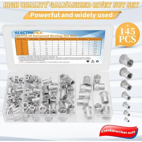 145pcs Aluminum Rivet Nuts Set Blind Threaded Insert Nutsert Cap Flat Head RivetNuts Carbon Steel M3 M4 M5 M6 M8 M10 M12