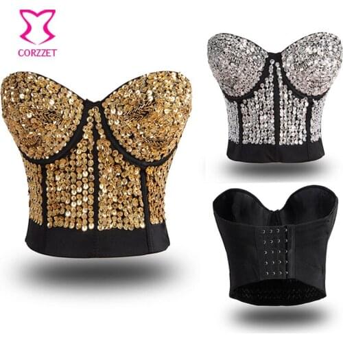 2Pieces/Lot) Gold/Silver Beading Sequin Studded Bustier Bras Underwear Women Punk Clubwear Sexy Ladies Push Up Bra Crop Top