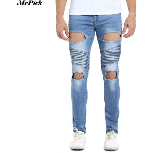 2017 Men Ripped Biker Jeans Hip Hop Urban Designer Brand Hole Destroyed Distressed Slim Skinny Stretch Denim Jeans T0277