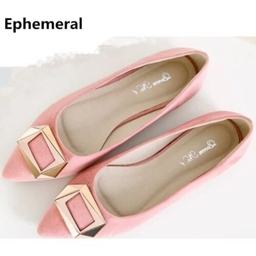 Female Flock Flats Pointy Shoes With Sequined Buckle Soft Ballet Slip-on Autumn Footwear Max Size 48-34 Grey Black Wine Pink