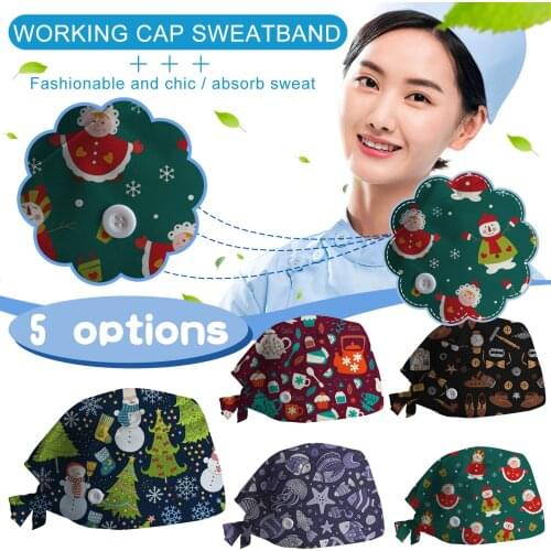 Hospital Beauty Salon Working Scrub Cap With Buttons Breathable Sweatband Cartoon Print Nurse Hat Tie Back Adjustable A50