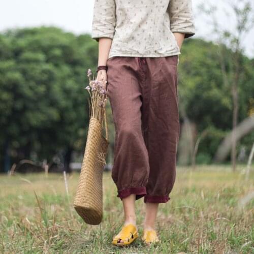 QPFJQD Ladies Autumn Summer Linen Patchwork Pants Retro Flax Women 2021 Vintage Loose Trousers Elastic Waist