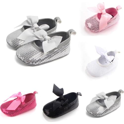 Baby Kids Boys Girls Sequins Bowknot Shoes Babies Glitter Flat First Walkers Lace Shoes Prewalkers