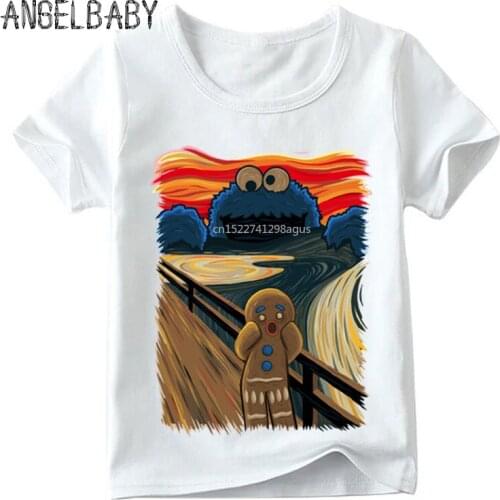 Children Muncher Monster Cookie Print Funny T-shirt Boys and Girls Summer Cartoon Tops Kids Soft White T-shirt,ooo2035