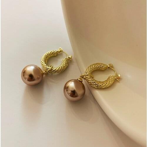 FFLACELL French 2020 NEW Fashion Retro Metal Golden Winding Champagne Pearl Drop Earrings for Women Girls Party Jewelry