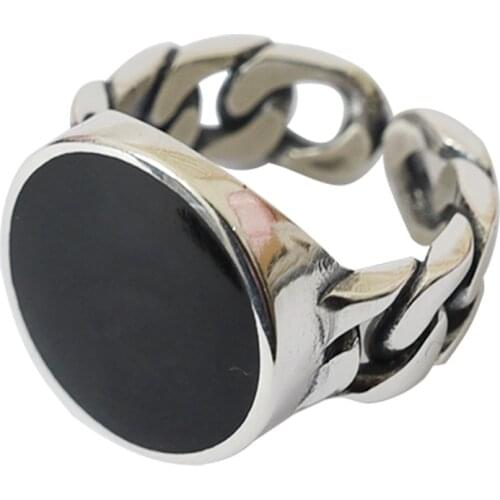 Hot Trendy 13mm Big Round Black Resin Man Finger Rings 925 Sterling Silver Jewelry Men`s Open Ring No Fade Gift Birthday Gift