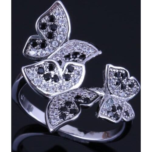 Graceful Butterfly Black Cubic Zirconia White CZ Silver Plated Ring V0488