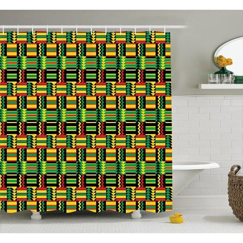 Kente Pattern Shower Curtain Tribal Kenya Nigeria with Lively Cultural Colors Abstract Traditional Bathroom Waterproof Curtains