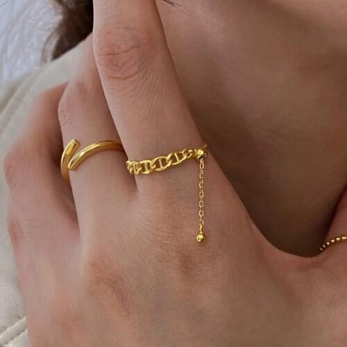 SRCOI Simple Tassel Adjustable Rings Gold Color Chain Bead Pendant Ring Geometric Pig Nose Finger Jewelry For Women Girl Gifts