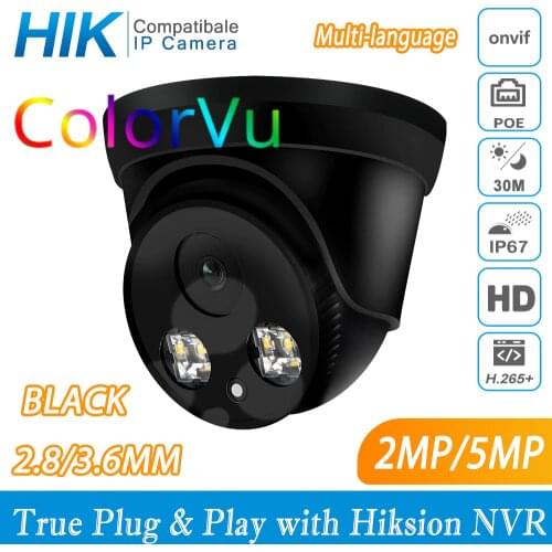 Hikvision Compatible ColorVu Black 5MP Dome POE IP Camera 8MP Home Security CCTV Camera IR 30m ONVIF H.265 P2P Plug&play IPC