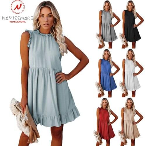 Fashion Women Summer Solid Color A-Line Dress Hollow Out Design Button Ruffles Decor O-Neck Sleeveless Mid Waist Slim Mini Dress