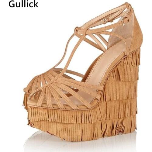 Gullick Fashion Fringed Strappy Super High Wedges Gladiator Sandals Cut-Outs Cover Heel Platform Pumps Woman Big Size Real Photo