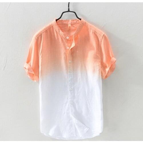 New Italy style short-sleeved brand linen shirts men gradient orange fashion casual shirt mens breathable shirt male overhemd