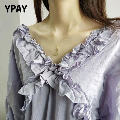 YPAY Solid 925 Sterling Silver Pleat Ripple Moon Pendant Necklace Korea Gold Creative Design Necklaces for Women Jewelry YMN157