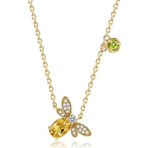 SILVERHOO Cute Bee 925 Sterling Silver Pendant Necklace For Women Gold Color 5A Clear Cubic Zircon Necklaces Engagement Jewelry