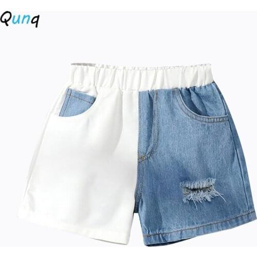 Qunq Summer Girls Short Jeans Blue White Spliced Kids Shorts Pants for 2 3 4 5 6 Year Girl Baby Toddler Children Trousers