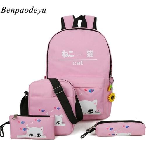 New Canvas Children Bags Kids Backpack Teenage Girls Bags Large-capacity Kids School Bag Cartoon Printing Cat Knapsack Wholesale