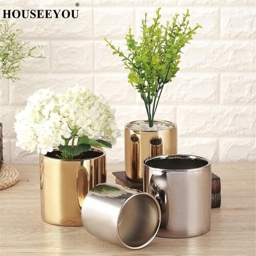 Modern Ceramic Flower Vase Plating Gold Silver Ceramic Vase Planting Flowers Pot Aristocratic Room Decor Table Accessories Gift
