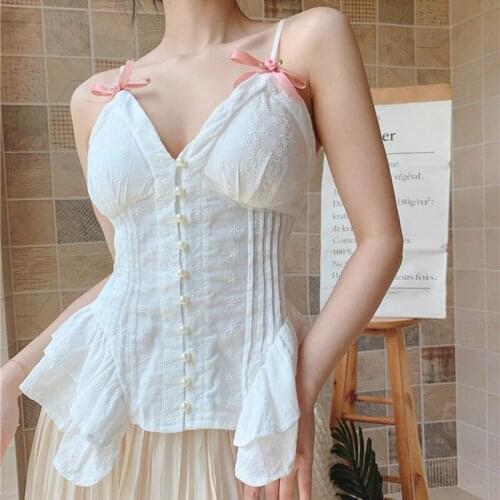 Vintage Crop Tops Women Summer Cotton Lace V-neck Sexy Corset Tops Flower Bowknot Decoration Beads Buttons Sweet Girl Cute Camis