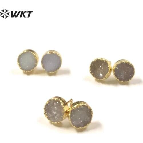 WT-E271 Natural Round Stone Gold Earrings Jewelry Natural Druzy Stone Earrings 10mm Round Stone raw colors Jewelry Earrings Gift