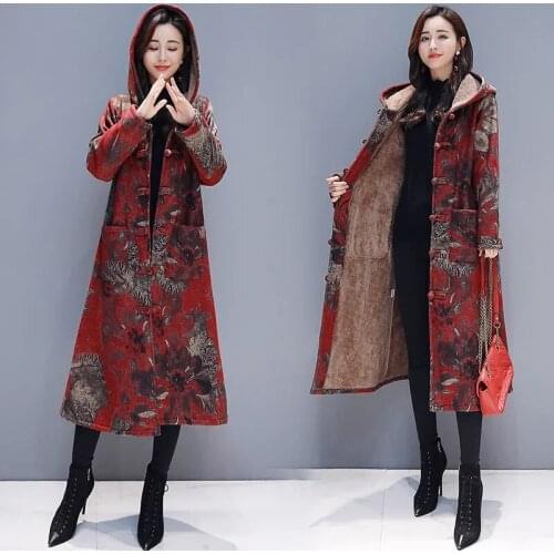 Winter Clothing Ethnic Style Buckle Large Size Loose Women 2021 Plus Velvet Thick Warm Jacket Women Printing Hooded Woolen Coat