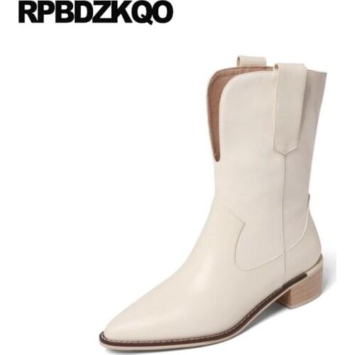Women Pointy Slip On Cowgirl Ladies Pointed Toe Autumn Wide Calf Brown 2021 Vintage Chunky Shoes Mid Western Boots Cowboy Beige