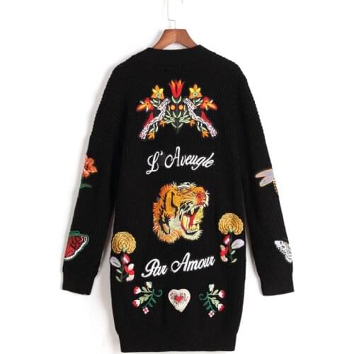 Runway Women Embroidery Tiger Jacket Women Black Long Sweater Cardigans 2020 winter Vintage Jumper Coat Christmas