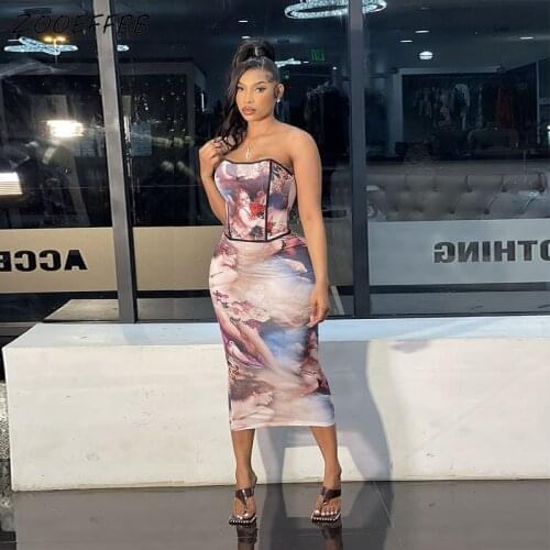 ZOOEFFBB Angel Print Two Piece Set Vacation Outfits for Women 2021 Summer Skirt Strapless Corset Tops Sexy Club Party Midi Dress
