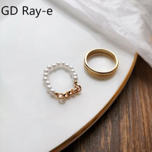 New Fashion Temperament Korean Womens Two Piece Rings Sweet Pearl Chain Index Finger Ring 2925