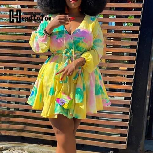Tie Dye Print Colorblock Belted Casual Fit Flare Dress Women Long Sleeve V Neck Above Knee Knotted Autumn Dress