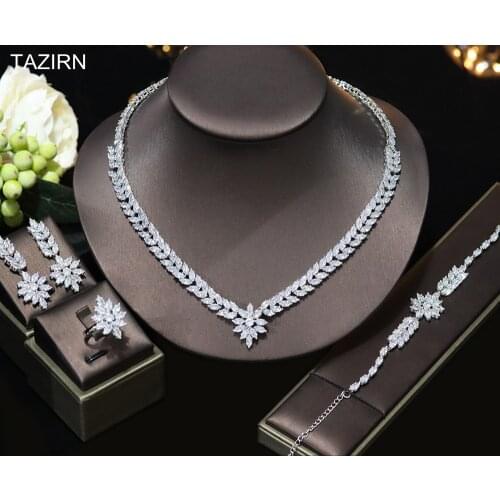 CZ Wedding Dress Accessories Flower Shape Necklace Dangle Earrings Bracelet Ring 5A Cubic Zirconia Bridal Jewelry Set Party Gift