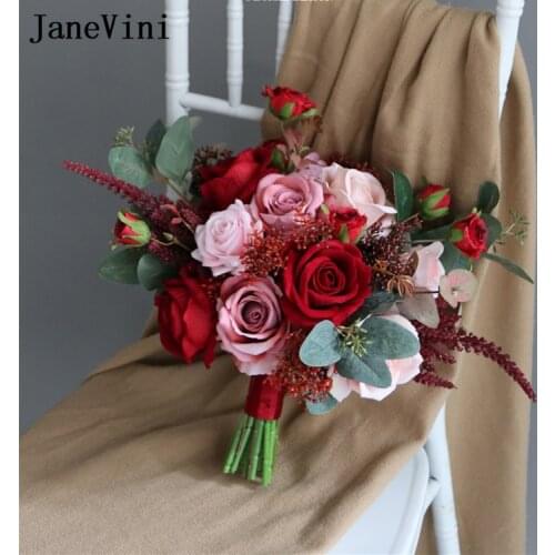JaneVini Red Pink Artificial Wedding Bouquet for Bride Bridesmaid Silk Rose Bridal Flowers Handmade Outside Wedding Flower 2021