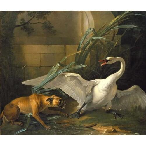 100% handmade oil painting on linen canvas,Swan attacked by a dog by Jean-Baptiste Oudry,STILL LIFE oil painting,Museum quaity