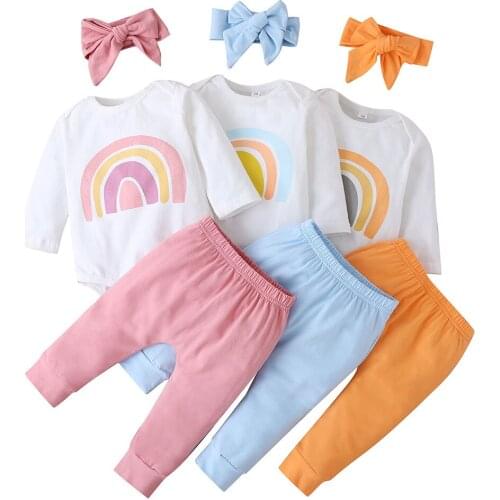 Spring Autumn Baby Clothing Sets Newborn Baby Boys Girls Cotton Rainbow Print Rompers+pants+headband Baby Clothes 0-18 Months