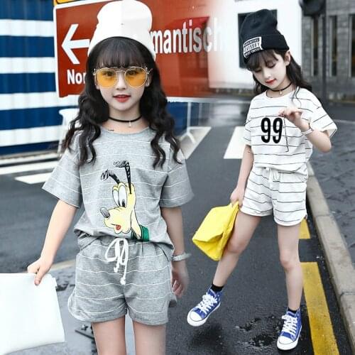 Teenager Girls Clothing Sets 2017 formal Striped cartoon printing tops and shorts Kids Clothing Sets Children Clothing