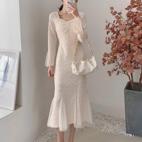 Sweet Elegant Dress Women New Corduroy Stitching Net Yarn Pearl Belt Dresses Irregular Elegant Fishtail Skirt
