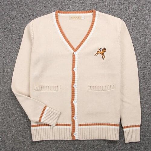 Deer Embroidery Cute Womens Knitted Sweater O-neck Cardigan Long Sleeve Fall Loose Sweaters Cute Girls Student