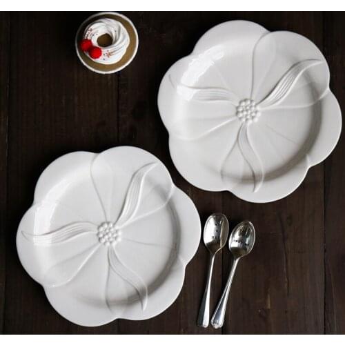 Milky White Ceramic Stereo Camellias Spiral Relief Texture Lace Plate/Dessert Plate