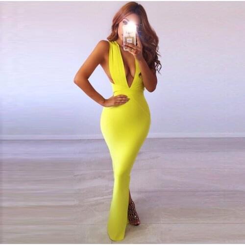 Charming Plunge V Neck Sleeveless Back Slit Yellow Cold Shoulder Maxi Bandage Dress