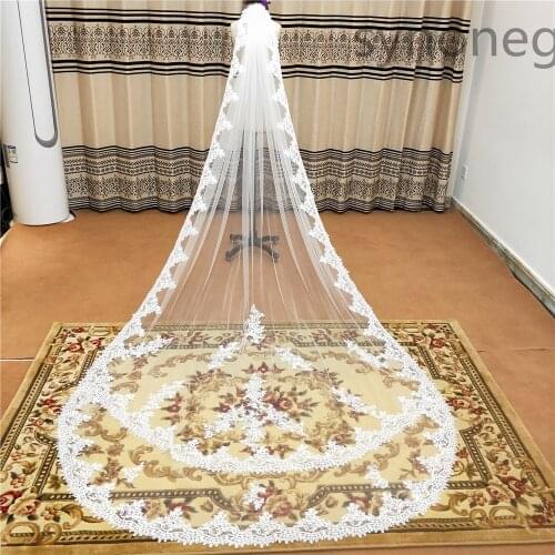 Real Photos Full Edge Lace Wedding Veil One Layer White Ivory Tulle Bridal Veil with Comb Veu de Noiva Longo
