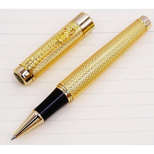 Jinhao 1200 Vintage Luxurious Rollerball Pen Beautiful Ripple with Dragon Clip, Noble Golden Metal Carving Ink Pens Collection