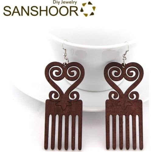 SANSHOOR Afrocentric Ethnic Natural Hair Wooden Earrings African Comb Pattern Brown Color As Women Valentines Day Gifts 6Pairs