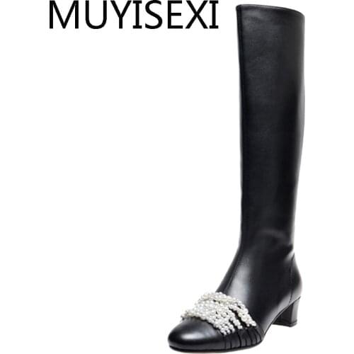 Round Toe 4cm Med Heels Black Women Winter Shoes Zipper Winter in Behind Fashion Thigh High Boots with Pearl XL15 MUYISEXI