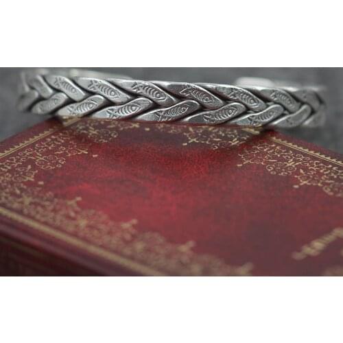 S925 Sterling Silver Jewelry Thailand Chiang Mai Handmade Silver Men And Women Fish Grain Flat Beads Retro Thai Silver Bangle