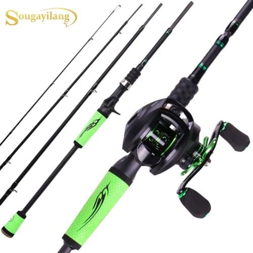 Sougayilang Speed Bass Fishing Rod Porable 4 Section High Carbon Fiber Pole and 12+1BB 8.1:1 Baitcasting Reel for Travel Fishing