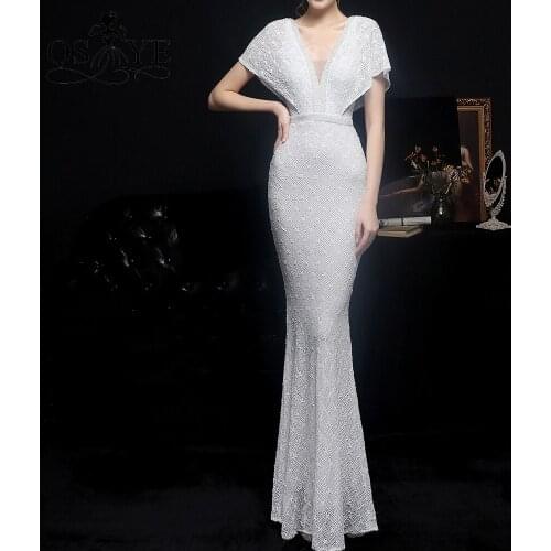 White Sequin Wedding Dresses Mermaid Bridal Gown Bat Sleeved Bride Dresses Marriage Beading Straps V Neck Belt Wedding Gown 2021