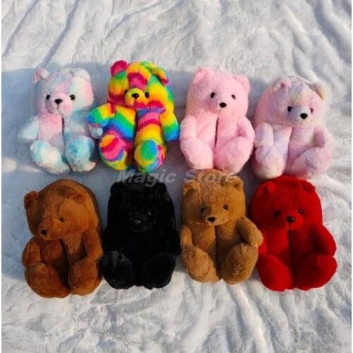 Women Home Indoor Soft anti-slip Faux Fur Cute Slippers Winter Warm Shoes Cartoon Plush Teddy Bear Slippers EUR 35-41