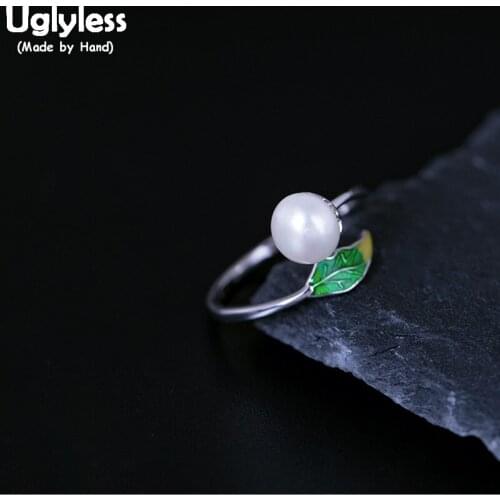 Uglyless 100% Real Natural Pearls Open Rings for Women Ethnic Enamel Green Leaf Finger Ring Solid 925 Sterling Silver Fine Jewel