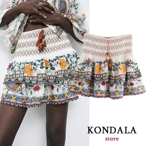 KONDALA Za 2021 Boho Embroidery Ruffles Mini Skirts High Waist Tie Up Vintage A-Line Skirts Female Fashion Elegant Mujer Faldas